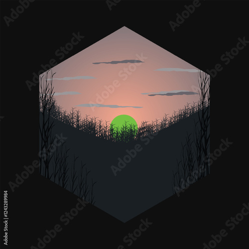 Illustration of a leafless barren tree, barren landscape