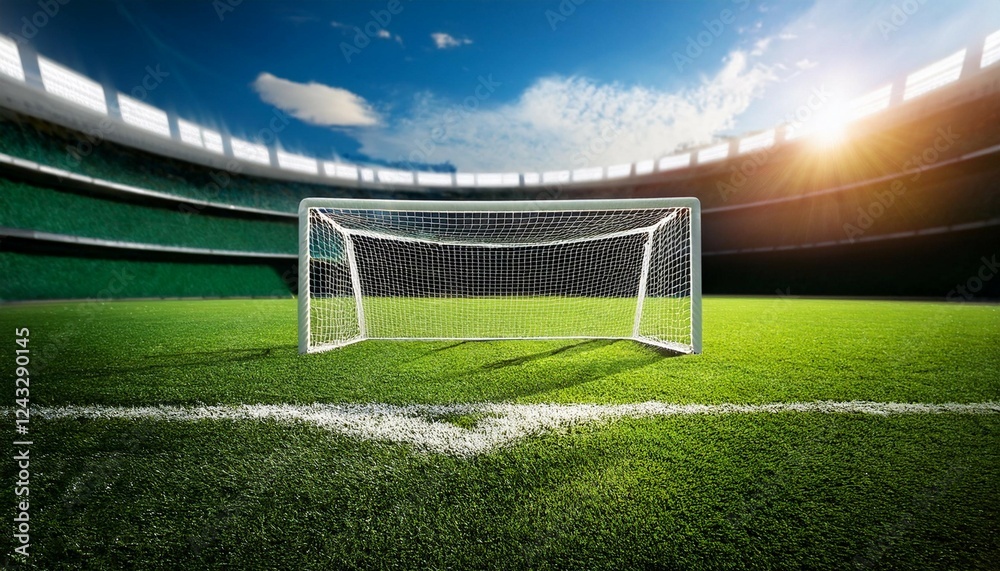 Fototapeta premium football goal standing on lush green grass at the stadium soccer sports stadium field goal post green grass competition