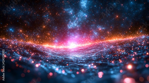 Cosmic ocean, glowing particles, nebula background, space exploration, science fiction