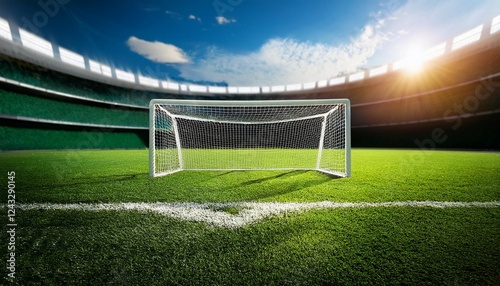 football goal standing on lush green grass at the stadium soccer sports stadium field goal post green grass competition photo