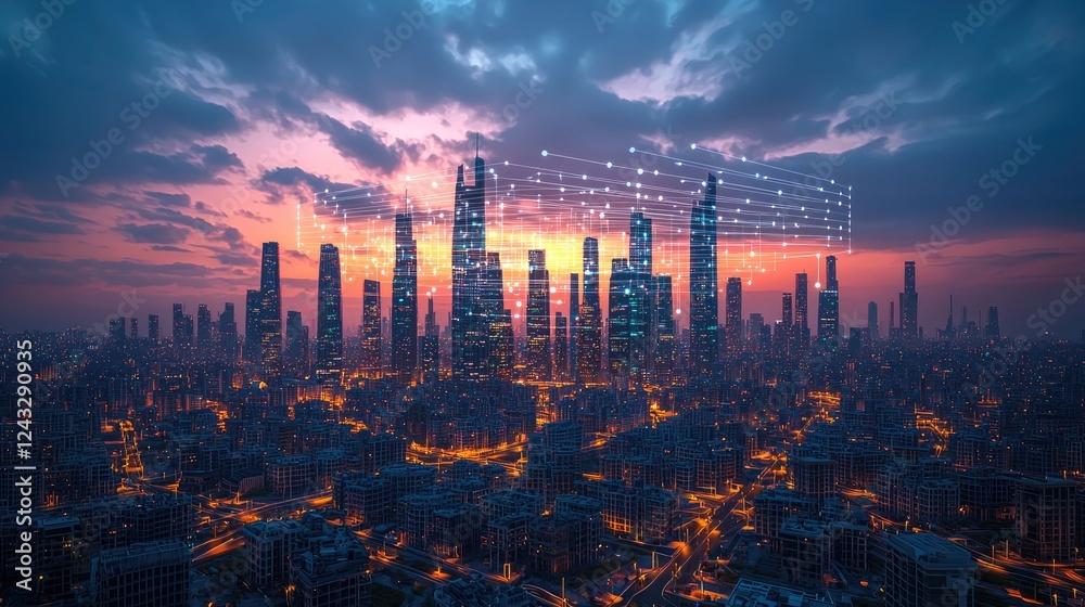 Fototapeta premium Futuristic City at Night: A Stunning Skyline of Modern Architecture and Digital Networks