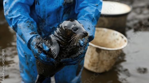 Rescue of oil-covered seal pup by person in blue protective suit