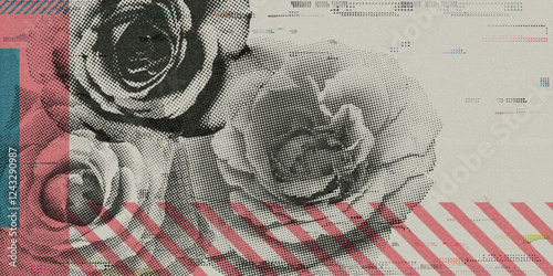 Abstract geometric composition Valentine's day concept punchy style with rose flowers head halftone screen and risograph printing texture graphic illustration.
