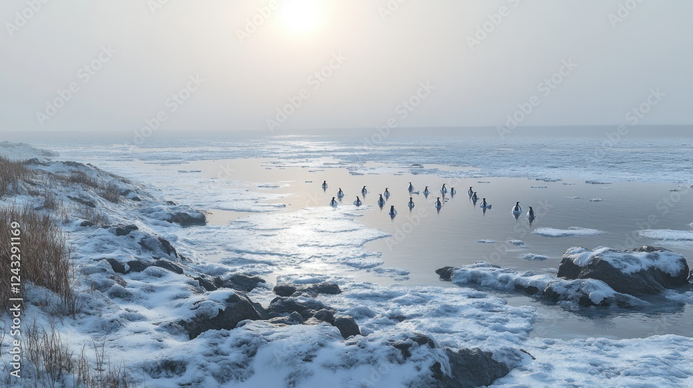 Obraz premium Birds flocking frozen coastal waters sunrise