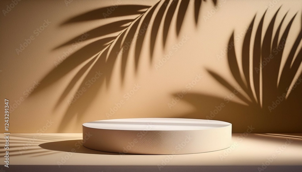 a round light podium for product presentation against the background of a beige wall with a beautiful shadow of palm leaves a round light podium for product presentation against the background of a beige wall with a beautiful shadow of palm leaves