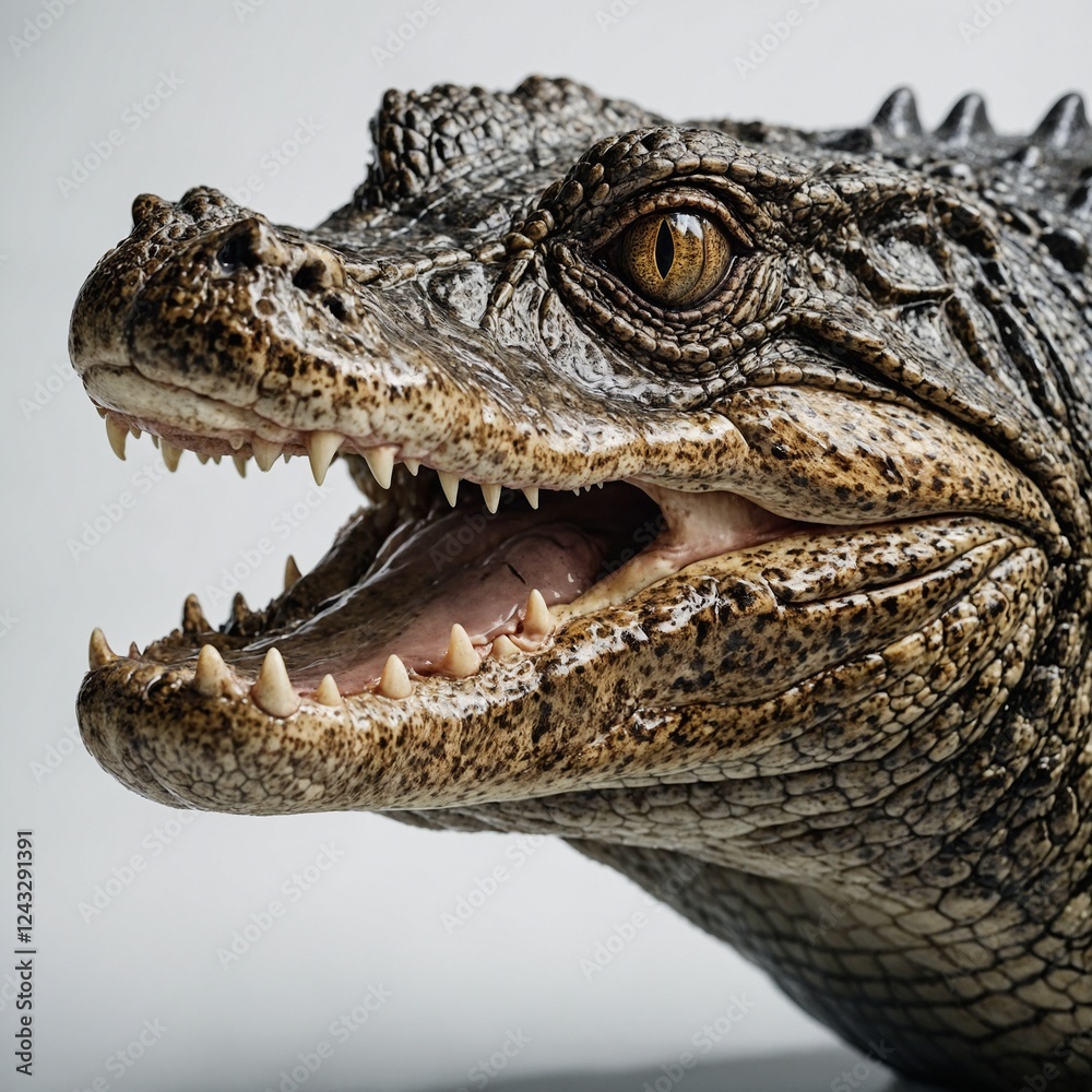 Fototapeta premium A close-up of an alligator's head, with sharp teeth and glossy eyes, set against a clean white background.