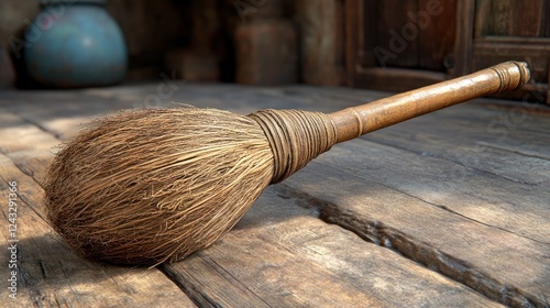 Antique brush on rustic wooden floor, vintage background photo