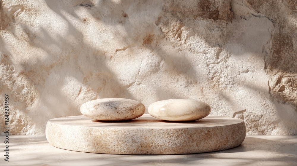 Top-down view of three natural stones on a podium, showcasing beauty products, against a stone wall backdrop in minimal modern style Top-down view of three natural stones on a podium, showcasing beauty products, against a stone wall backdrop in minimal modern style