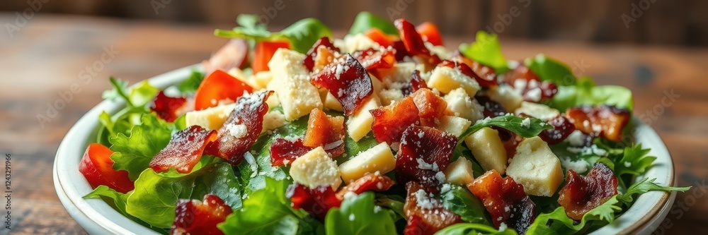 Fresh garden salad with crispy bacon and cheese on a rustic wooden table