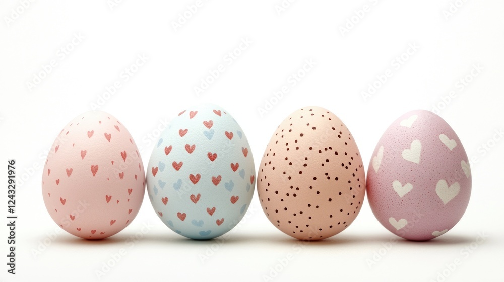 Fototapeta premium Pastel easter eggs with heart and dot patterns on white background