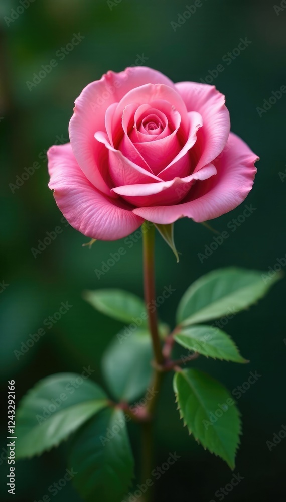 A single pink rose bloom with delicate green leaves and stem, single pink rose, flora, petals A single pink rose bloom with delicate green leaves and stem, single pink rose, flora, petals