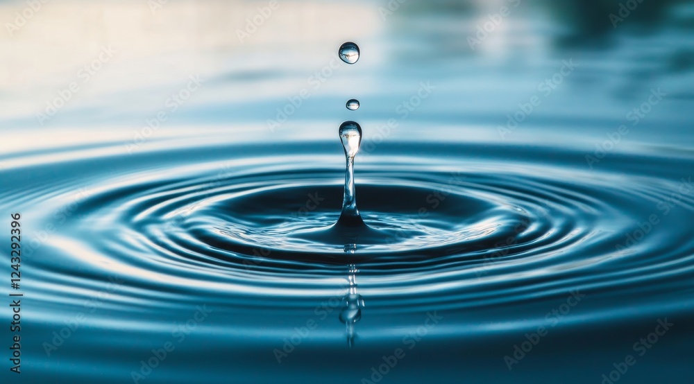 Water drop impact, ripples, blue surface, calm background, purity Water drop impact, ripples, blue surface, calm background, purity