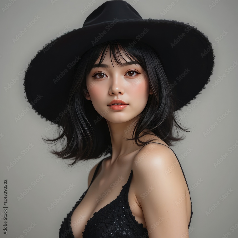 Stunning Asian Woman in Black Hat and Lingerie Portrait Stunning Asian Woman in Black Hat and Lingerie Portrait