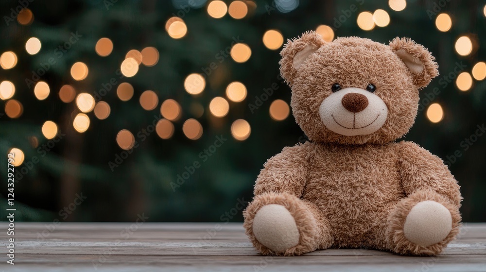 Obraz premium Teddy bear sits on wood, bokeh lights