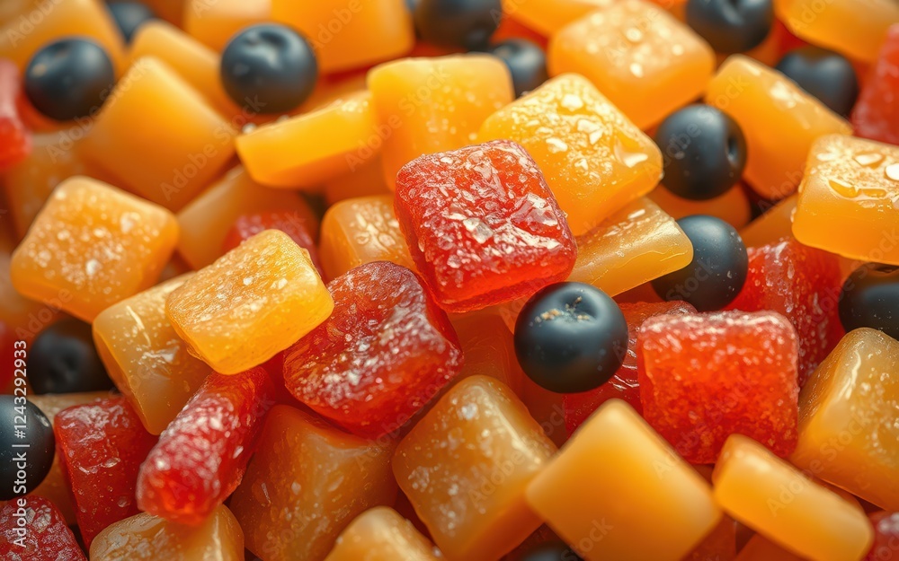 A close-up of colorful, square-shaped candies mixed with blueberries A close-up of colorful, square-shaped candies mixed with blueberries