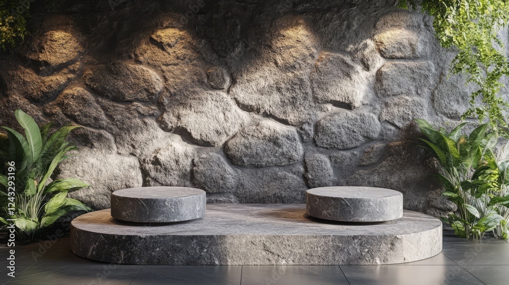 Top-down view of three natural stones on a podium, showcasing beauty products, against a stone wall backdrop in minimal modern style Top-down view of three natural stones on a podium, showcasing beauty products, against a stone wall backdrop in minimal modern style