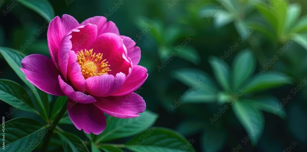 Exotic purple peony and lush green foliage intertwined, art, botanical Exotic purple peony and lush green foliage intertwined, art, botanical