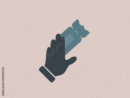 A dark skinned hand adorned with a wristwatch elegantly holds up a ticket against a soft pink backdrop