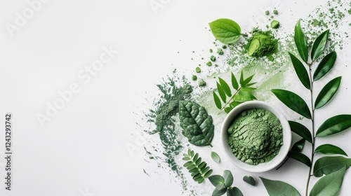 Green matcha and spirulina powder with fresh leaves on white background