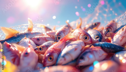 Freshly caught fish in a sunlit net on a vibrant day at sea