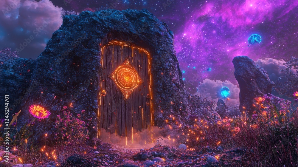 Obraz premium Glowing portal in a fantastical landscape, surrounded by vibrant flowers and cosmic nebula. Dark blue, purple, and orange hues dominate the scene, creating a surreal atmosphere.