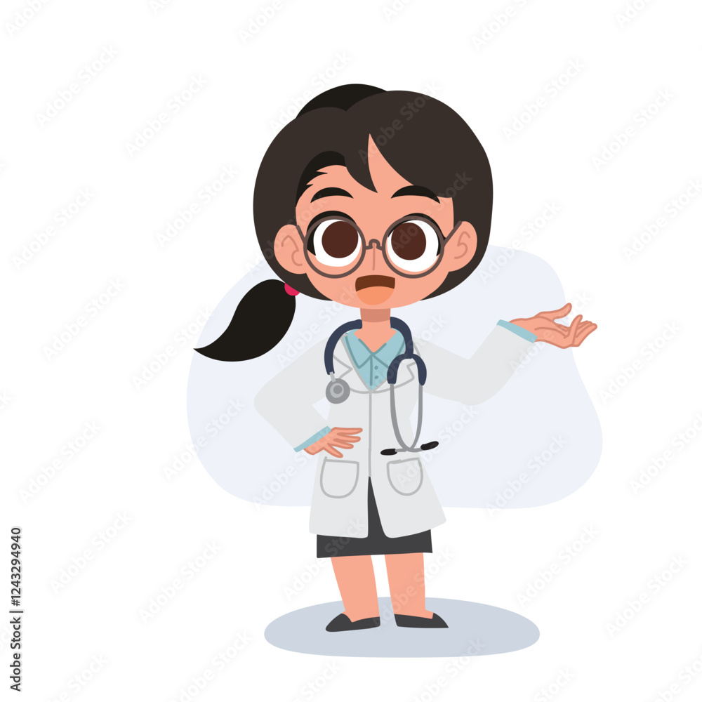 Cute female doctor cartoon welcoming with hand gesture in medical uniform, Cute female doctor cartoon welcoming with hand gesture in medical uniform,