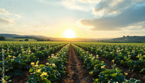 Sunset over lush green crops in rural landscape with clear skies and rolling hills photo