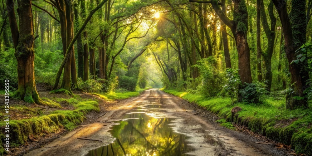 Obraz premium Sunlit Pathway Through a Lush, Verdant Forest Canopy with a Reflective Puddle on a Dirt Road