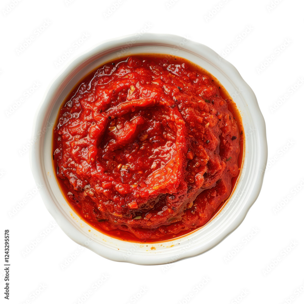 Rich tomato sauce in white bowl, perfect for pasta dishes and cooking. This vibrant red sauce is made from fresh tomatoes, herbs, and spices, offering delicious flavor Rich tomato sauce in white bowl, perfect for pasta dishes and cooking. This vibrant red sauce is made from fresh tomatoes, herbs, and spices, offering delicious flavor