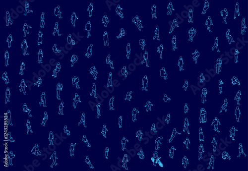 A blue background with many people in various poses. The people are all wearing blue and are scattered throughout the image. Isometric view