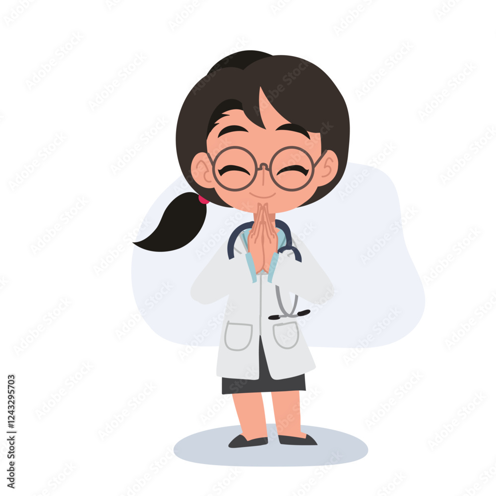 A cheerful cartoon doctor in a medical uniform greeting warmly A cheerful cartoon doctor in a medical uniform greeting warmly