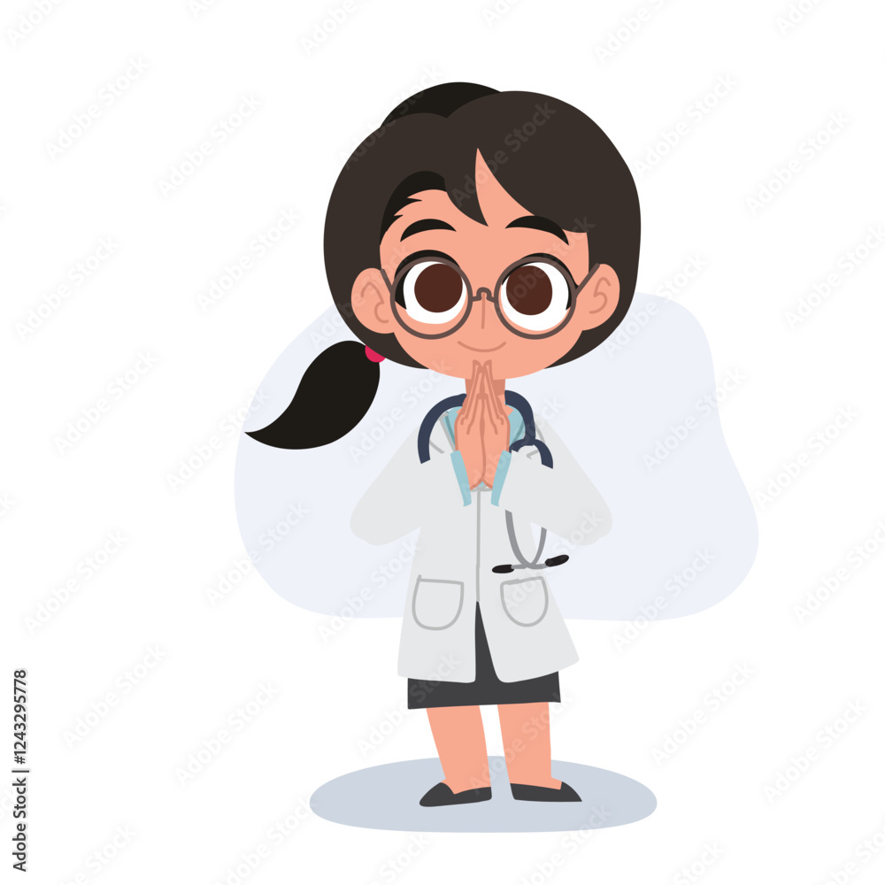 A cheerful cartoon doctor in a medical uniform greeting warmly A cheerful cartoon doctor in a medical uniform greeting warmly