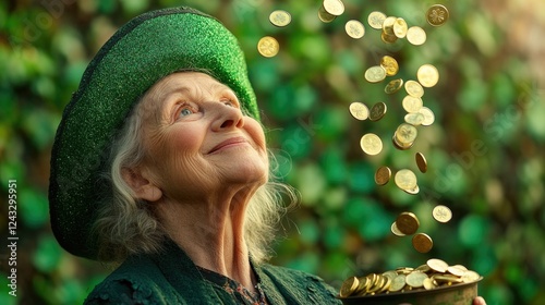 Elderly caucasian female enjoying gold coins in green hat outside