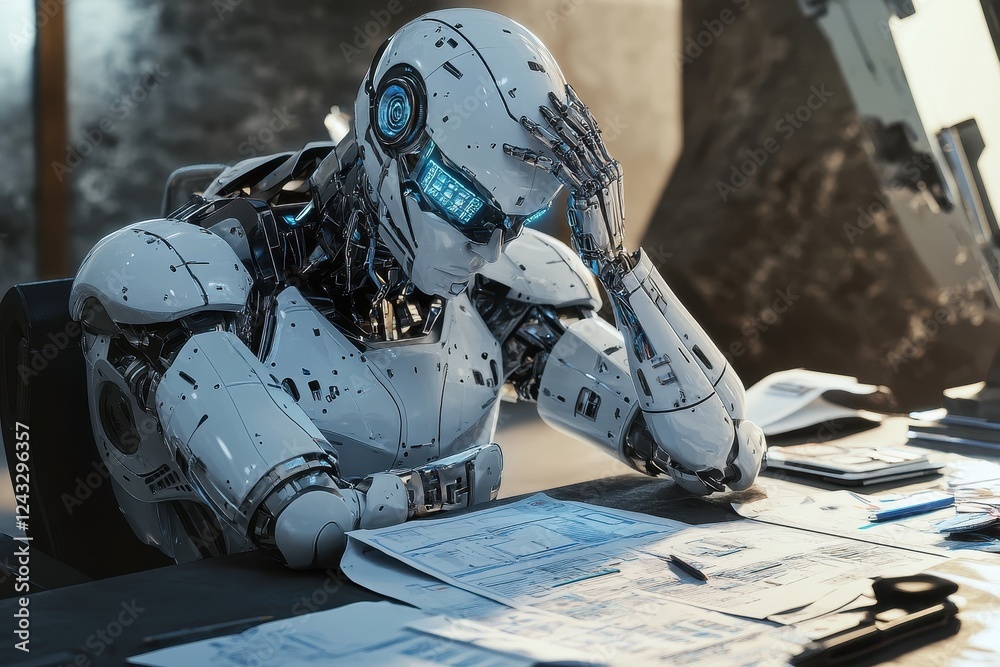 Fototapeta premium Thoughtful robot contemplating project details in a futuristic office environment