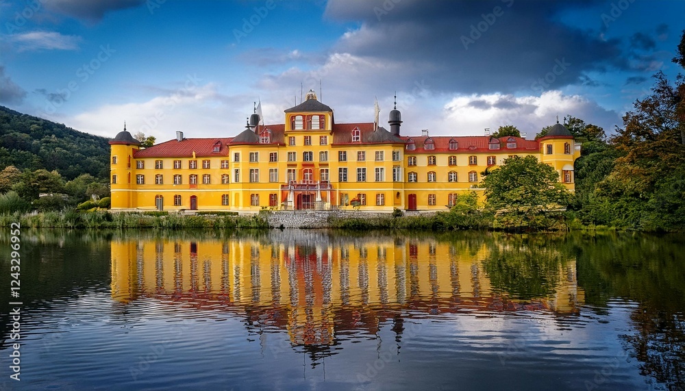 a large yellow building with red accents sits in front of a body of water the water is calm and reflects the building creating a serene and peaceful atmosphere a large yellow building with red accents sits in front of a body of water the water is calm and reflects the building creating a serene and peaceful atmosphere