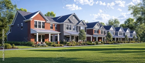 Suburban homes, sunny day, green lawn, new development