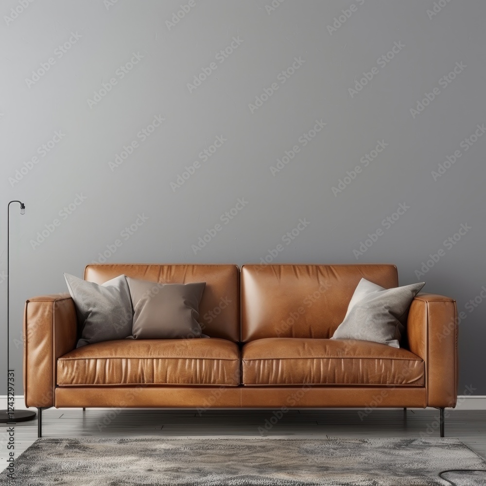 Modern leather sofa with pillows on a gray wall and carpet Modern leather sofa with pillows on a gray wall and carpet