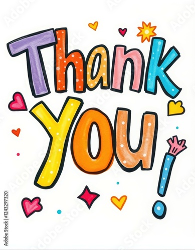 Creative thank you illustration featuring colorful letters and playful designs with hearts and stars