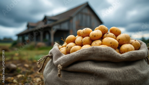 Freshly harvested potatoes in burlap sack near rustic wooden farmhouse photo