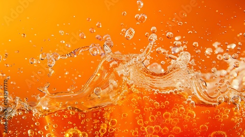 A bright splash of orange soda surrounded by bubbles against a solid orange background.