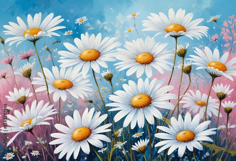 An illustration of a field of white daisies with a blue and pink background An illustration of a field of white daisies with a blue and pink background