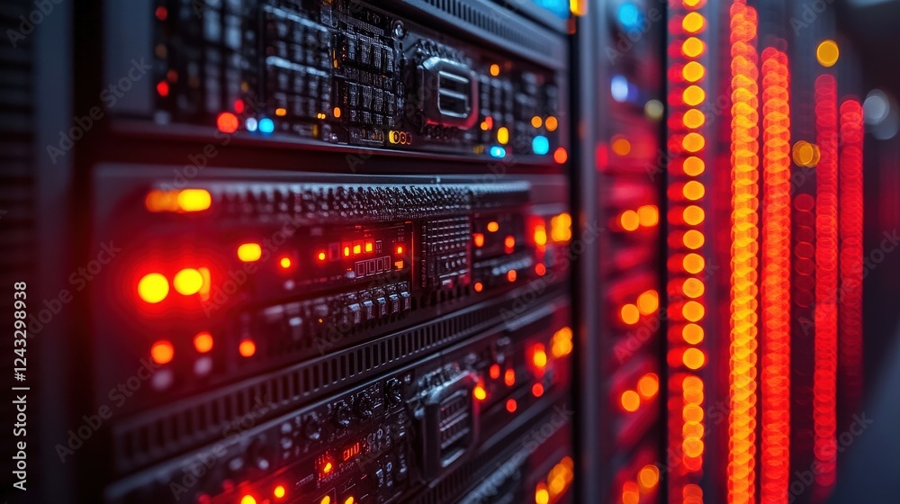 Close-up view of illuminated server racks in a data center showcasing technology and connectivity (6) Close-up view of illuminated server racks in a data center showcasing technology and connectivity (6)