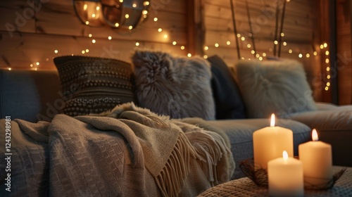 A cozy living room in  with soft lighting from candles and warm blankets on the sofa