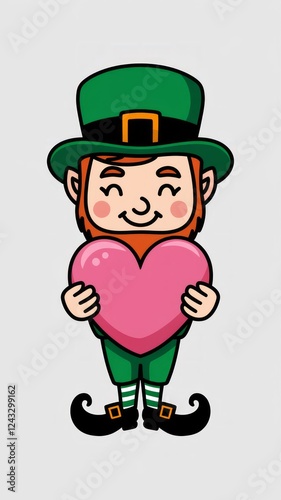 A vector illustration of a cute leprichaun holding a love heart , white background photo