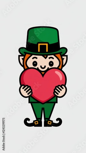 A vector illustration of a cute leprichaun holding a love heart , white background photo