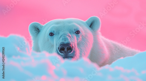 a creative animal concept featuring a polar bear peeking over a pastel bright background.  