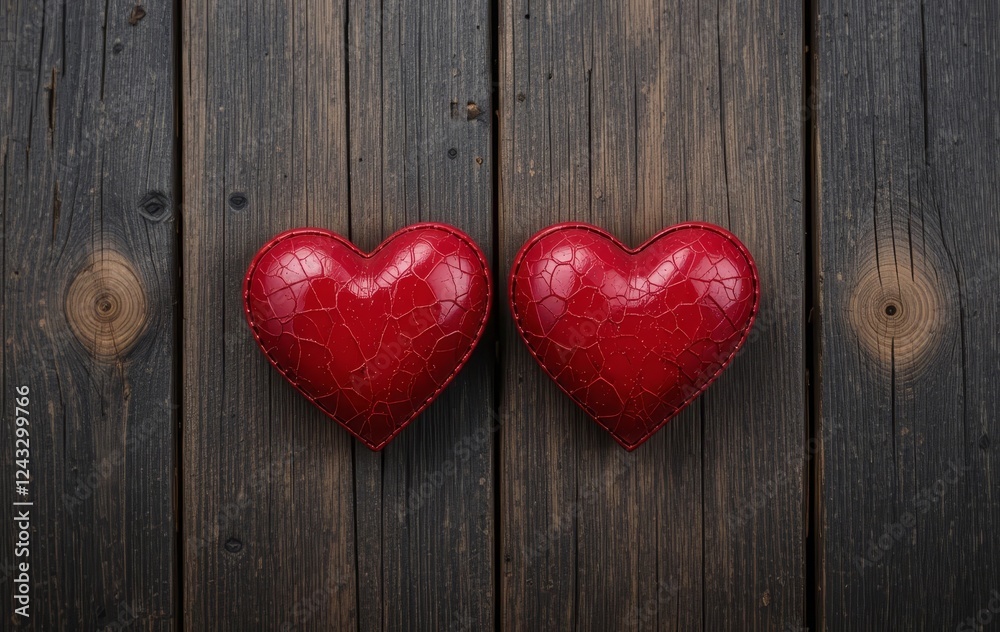 Two red hearts made from wood, placed on a dark wooden background Two red hearts made from wood, placed on a dark wooden background