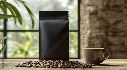 Black coffee bag with window light, on table mockup