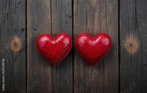 Two red hearts made from wood, placed on a dark wooden background