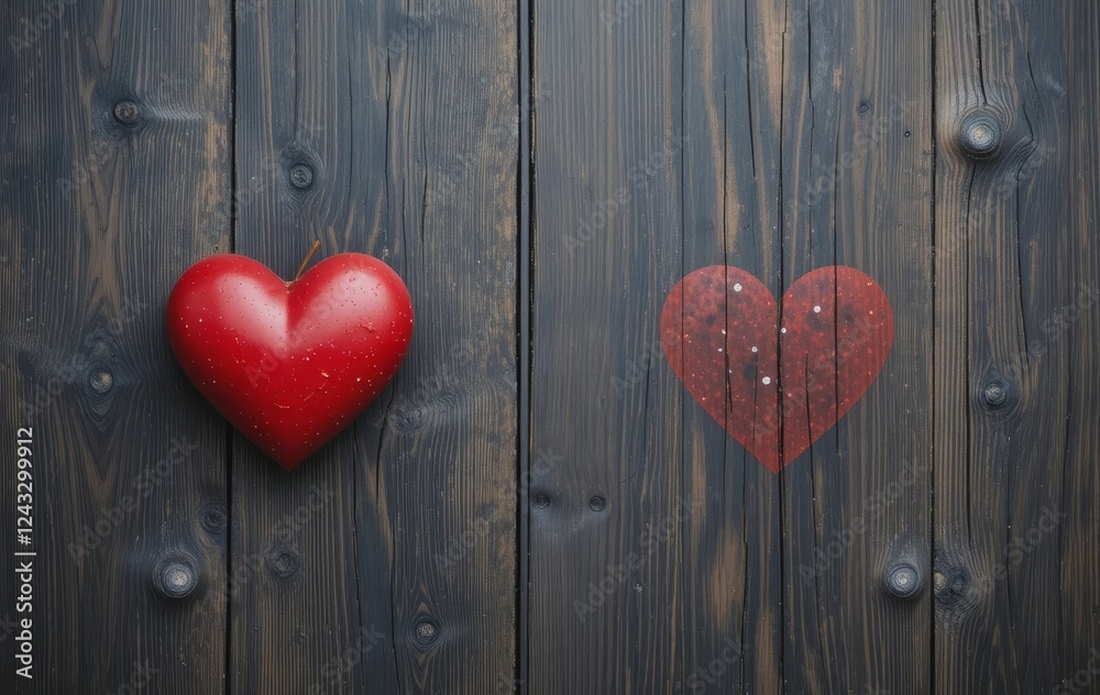 Two red hearts made from wood, placed on a dark wooden background Two red hearts made from wood, placed on a dark wooden background